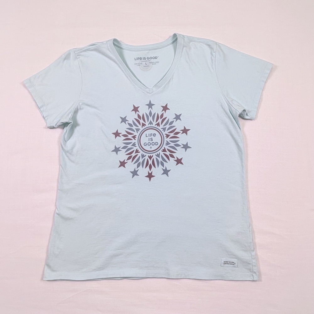 Life Is Good Womens L Crusher Tee Light Blue V-Neck Mandala Starburst Summer